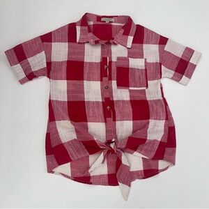 Polagram Red Plaid Tie Front Button Down Shirt Size S